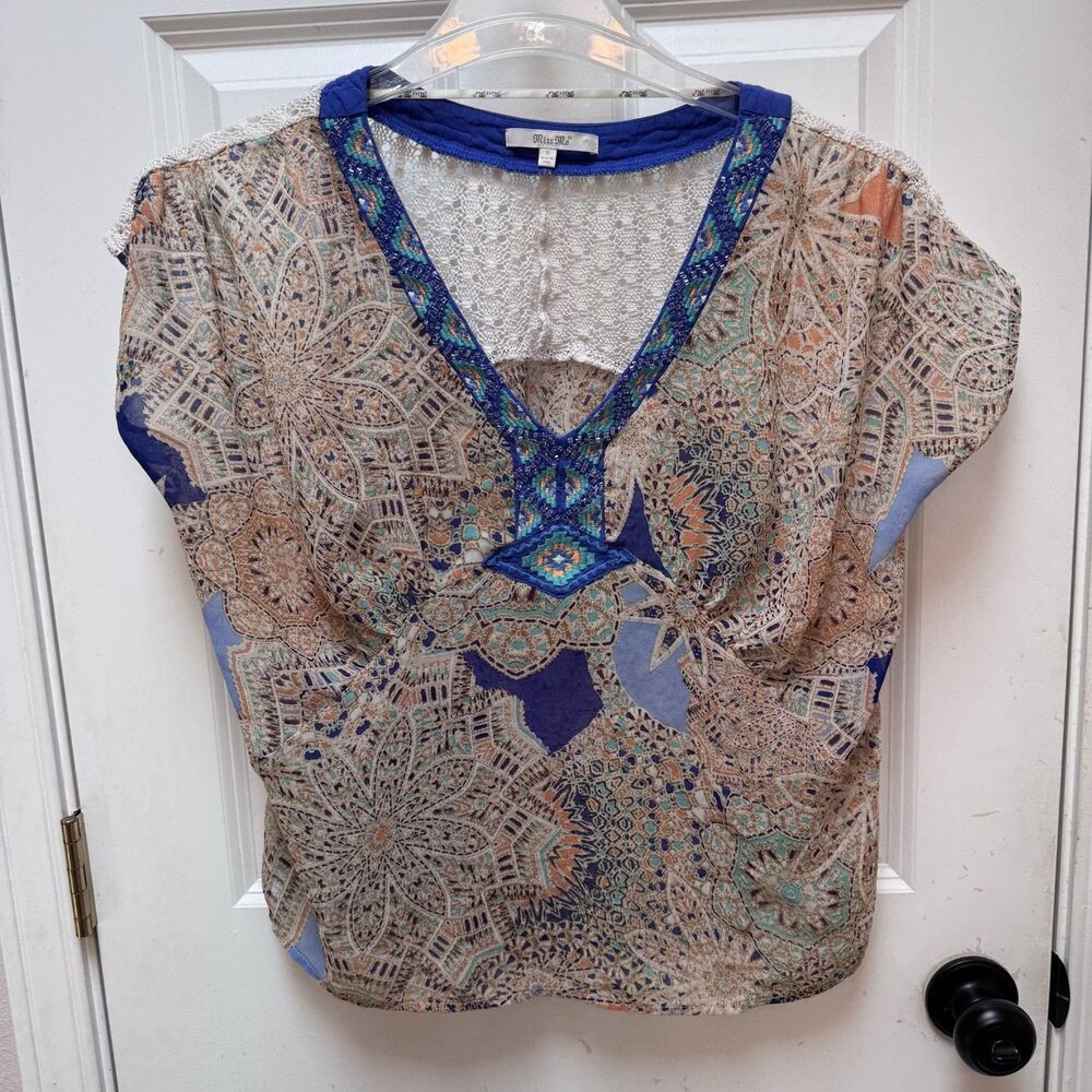 Miss Me Top Womens Small Shirt Sheer Crochet Lace Beadwork Boho Western Cowgirl